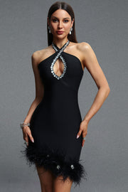 Elay Halter Sleeveless Cut Out Rhinestone Feather Bandage Midi Dress